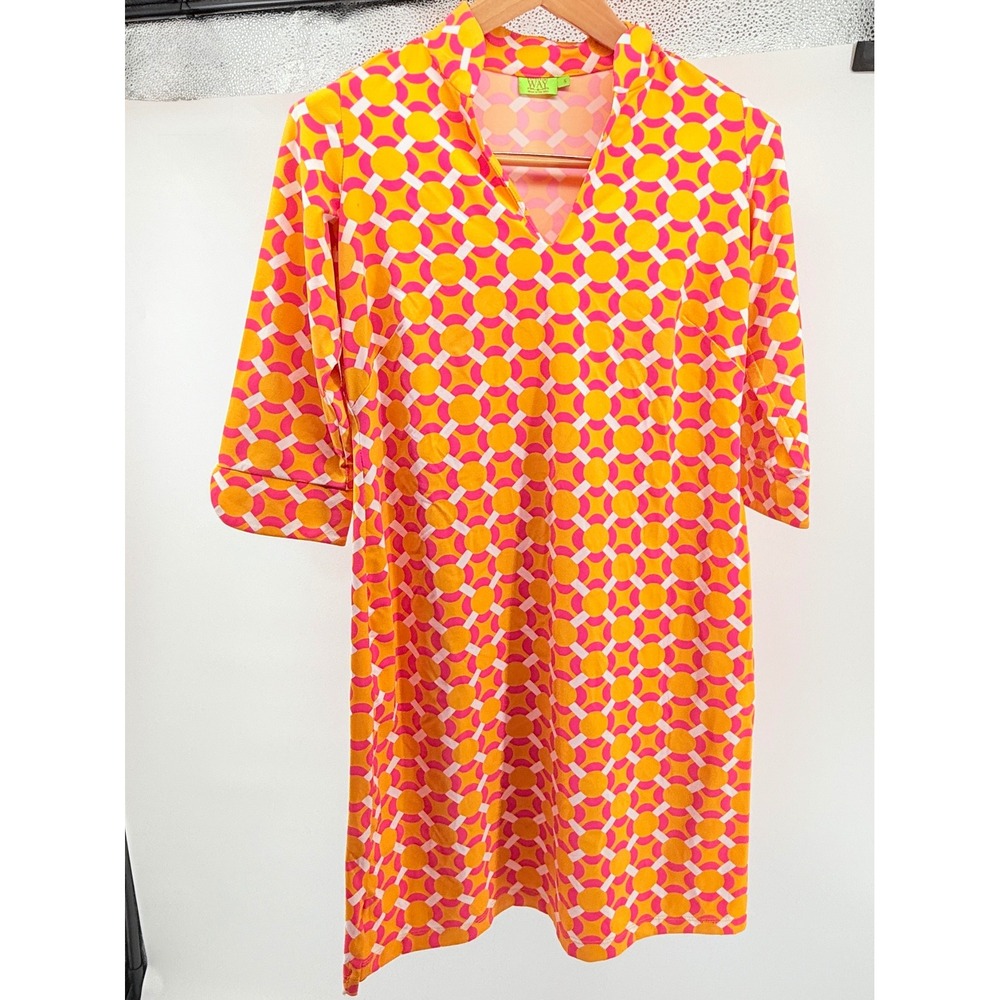 Katherine Way Orange Pink Geometric Link Print V-Neck Shift Dress Small USA